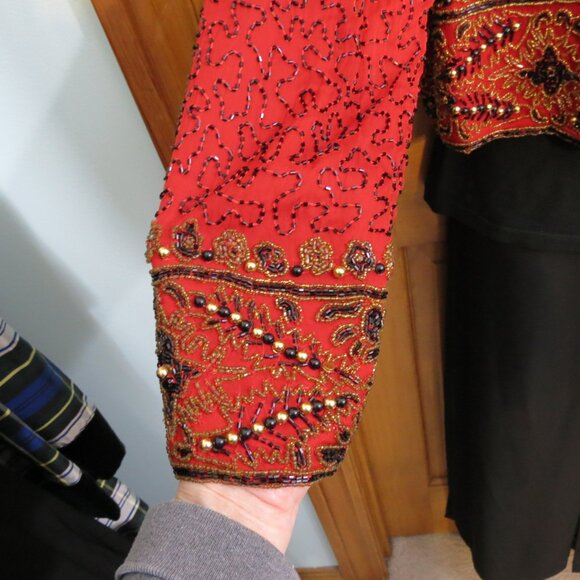 Laurence Kazar Red/Gold/Black Beaded Top Jacket Crop Silk Evening Formal Size XL - Picture 3 of 10